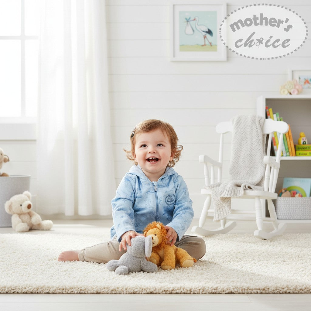 Stork And Baby blue airforce sailor jacket for infant boys, lightweight and cozy with zipper closure.