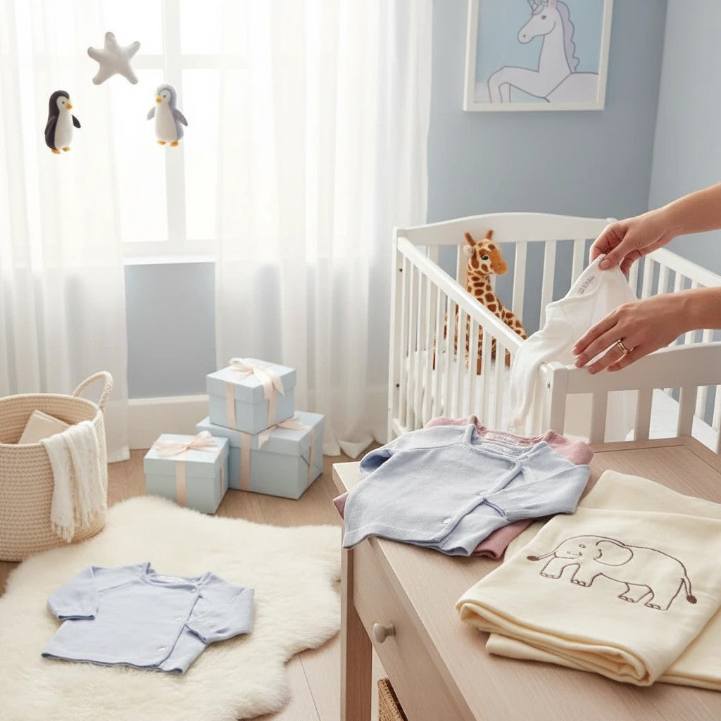 Stork And Baby light blue and pink knit cardigans for infants, soft and comfortable for babies.