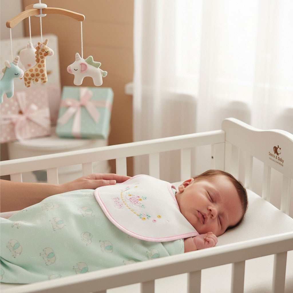 Stork And Baby white cotton dribble bib with pink trim and embroidered unicorn design for infants.