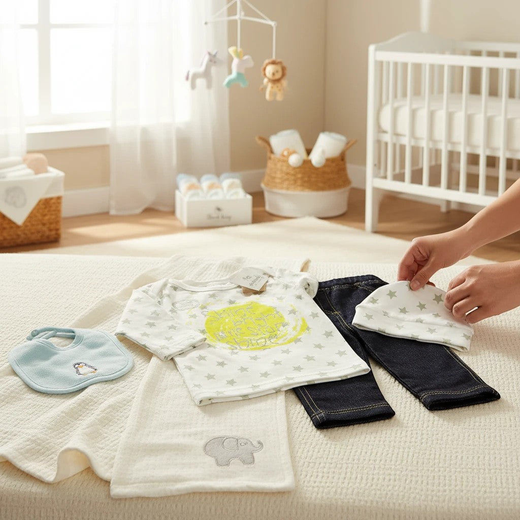 Stork And Baby infants stretch denim set with a white star print top and matching hat, bib, and elephant blanket.