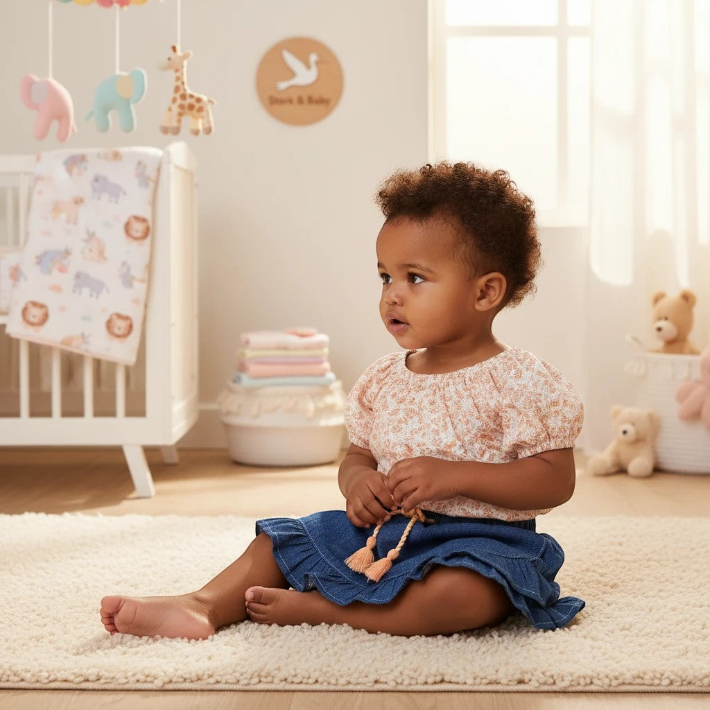 Stork And Baby infant girl's 2-piece set with floral print top and denim skirt
