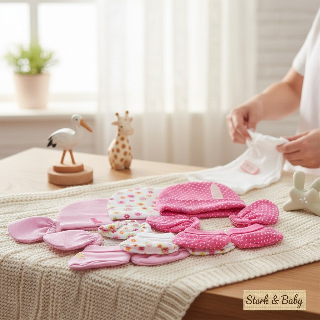 Stork &amp; Baby infant girls 3-piece 100% cotton set in pink with floral and polka dot patterns. Includes hats and mittens.