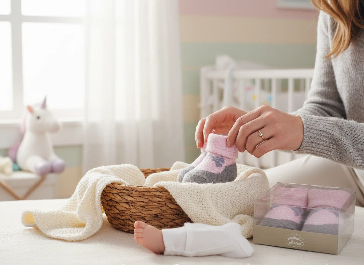 Stork And Baby Mothers Choice Inf Girls Box Socks in grey and pink with a soft cotton blend and stretch fit.