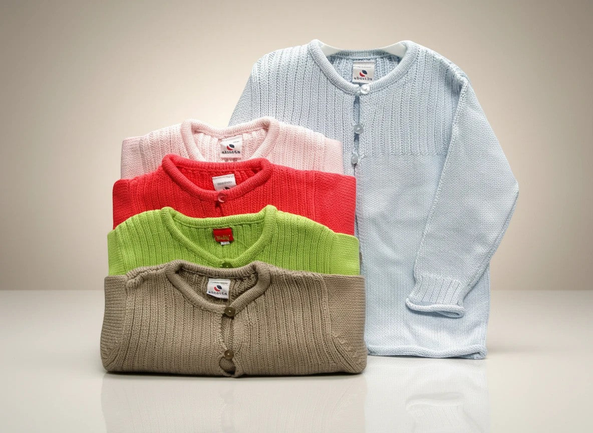 Stork And Baby light blue, pink, red, green, and tan infant jerseys made of soft knit fabric with button closures.