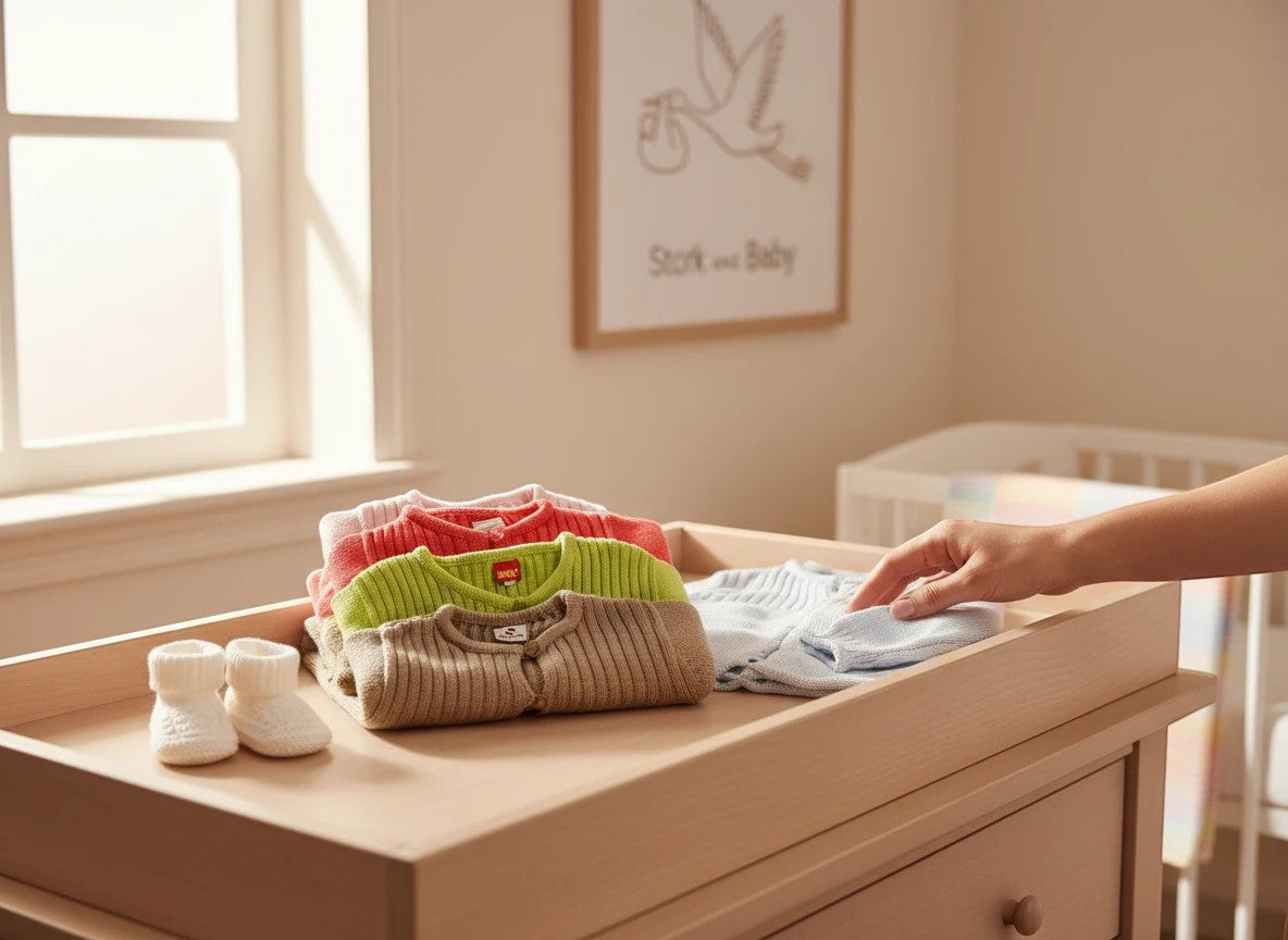 Stork And Baby brand infant jerseys in pink, coral, lime green, tan, and light blue. Soft knit fabric, button front.