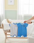 Stork And Baby infant's 2-pack blue and grey striped rompers, 60% cotton, 40% polyester.