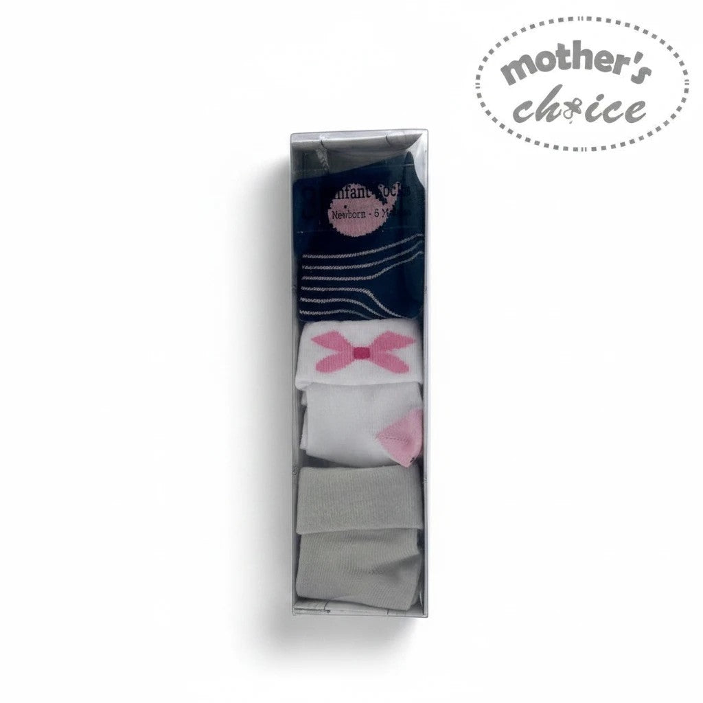 Stork And Baby Mothers Choice 3 pack infant socks, navy, white, grey with pink bows, 0-6 months, cotton blend.