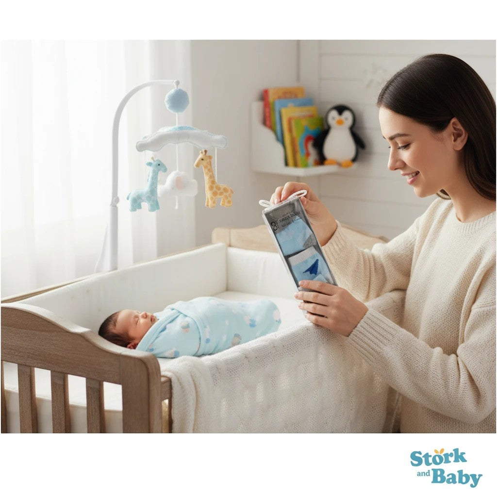 Stork And Baby 3 pack infant socks, light blue with paper plane design, 0-6 months, soft cotton blend.