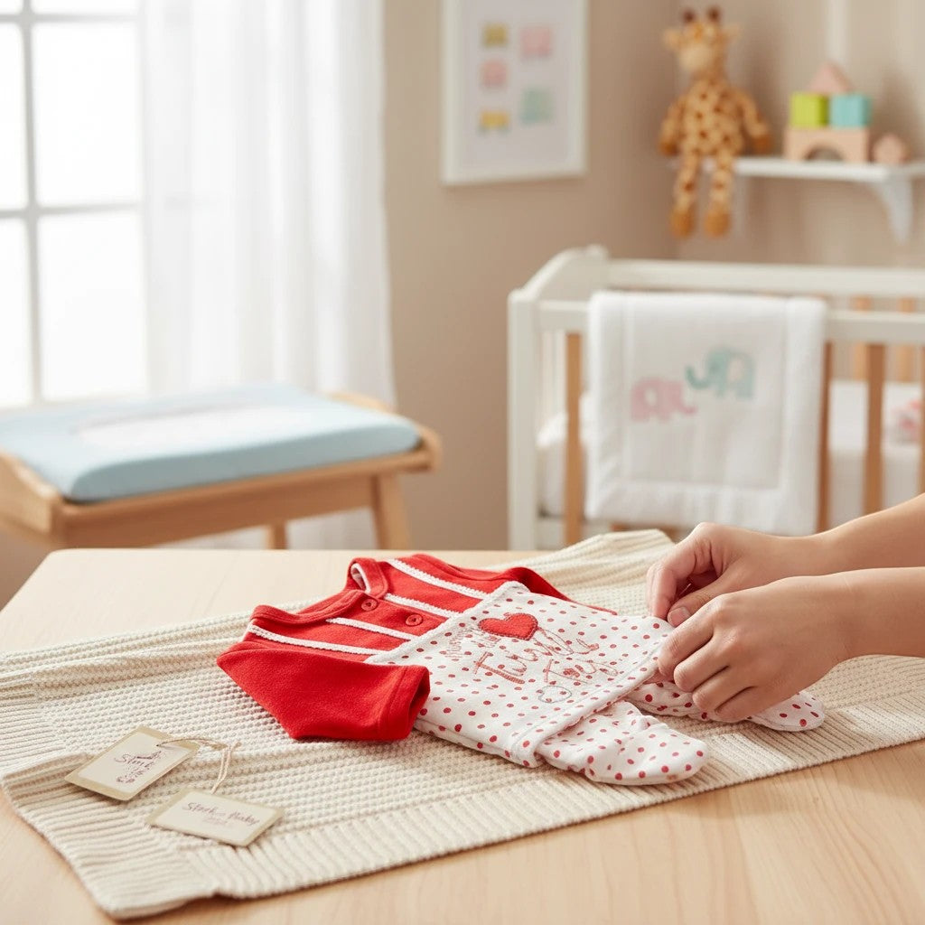Stork And Baby red and white polka dot velour 2-piece infant grower set with "Mummy's Little Twinkle Toes" embroidery and heart detail.