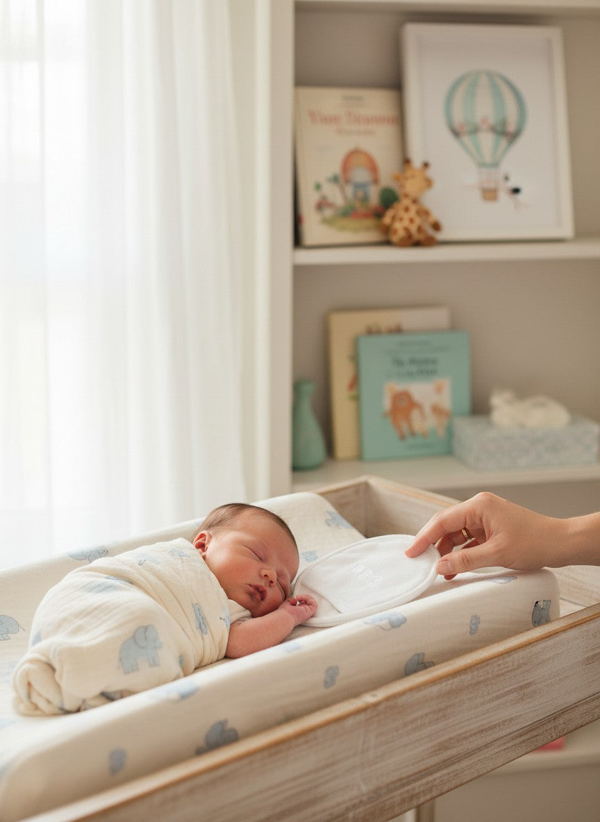 Stork and Baby Mother's Choice Infant Washing Mitten, soft white terry cloth, for gentle baby bath time.