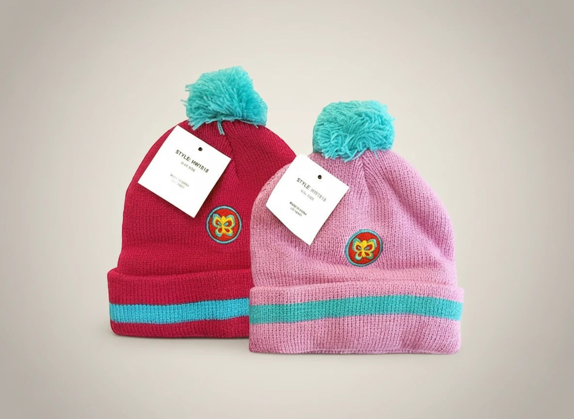 Stork And Baby pink and red knit infant winter hats with turquoise pom-poms and butterfly embroidery. Two pack.