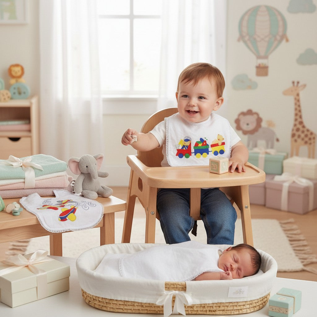 Stork And Baby infants square bib with colorful train embroidery, white cotton, for feeding time.