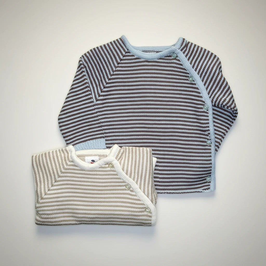 Stork And Baby infants cardigans, 2 pack. One brown and light blue striped, one beige and white striped.