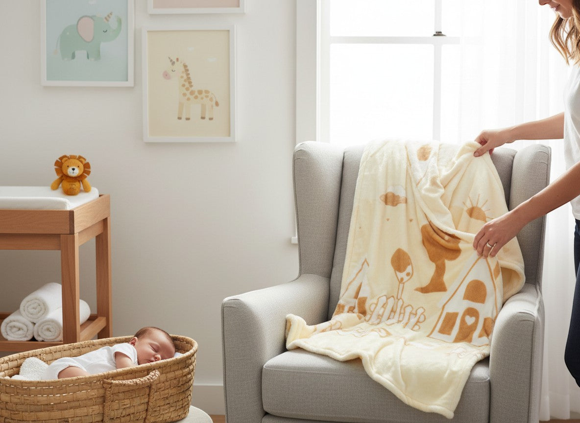 Stork And Baby beige and white polyester mink baby blanket with cutwork house and sun pattern. 110x140cm.