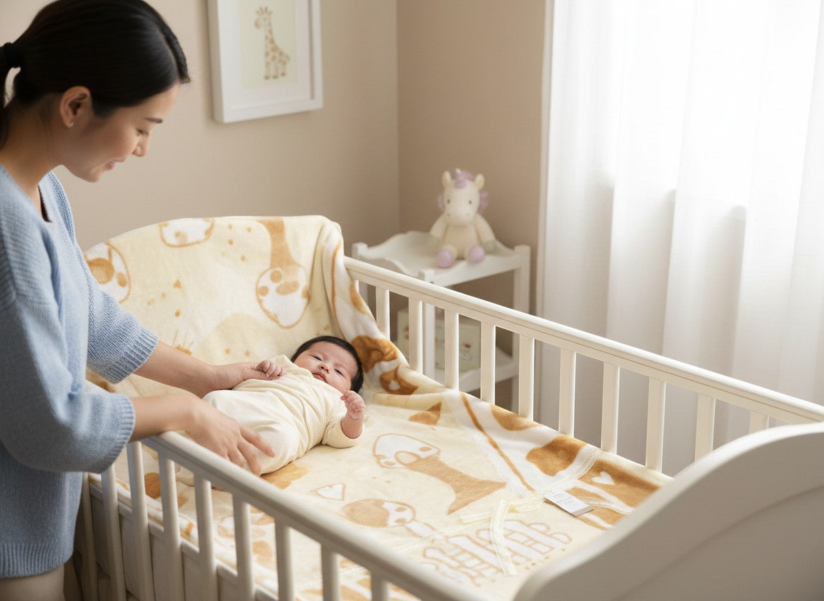 Stork And Baby Mothers Choice Infants Cutwork Blanket in beige and white polyester mink with a house and giraffe pattern.