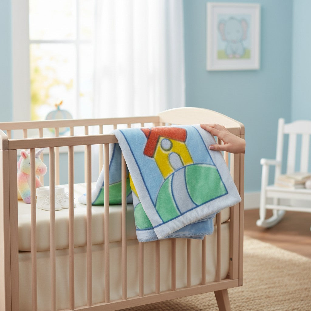Stork And Baby blue infants cutwork blanket with a house and hill design. Soft fleece material.