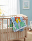 Stork And Baby blue infants cutwork blanket with a house and hill design. Soft fleece material.
