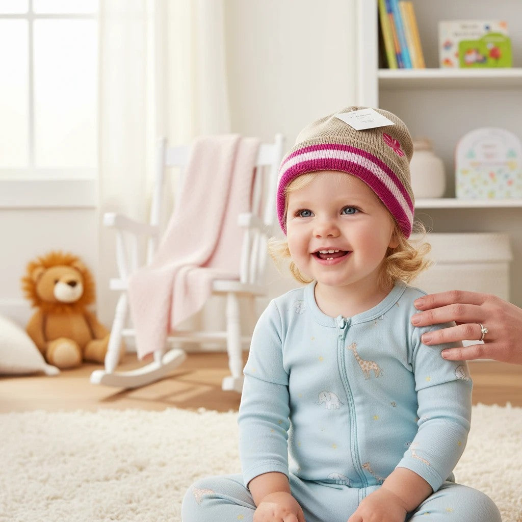 Stork And Baby infants winter hat in brown with pink and white stripes, featuring a small embroidered butterfly.