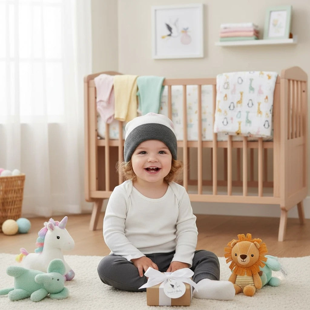Stork And Baby infants winter hat in grey and white stripes, worn by a smiling baby sitting on the floor.