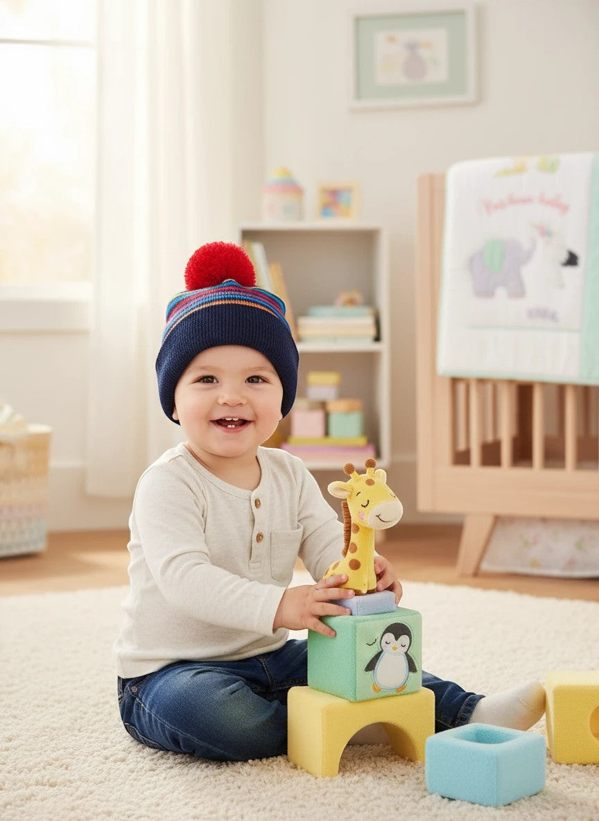Stork And Baby navy and multi-tone knit winter hat with red pom-pom on a smiling baby
