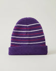 Stork And Baby purple striped knit infants winter hat with white and pink accents