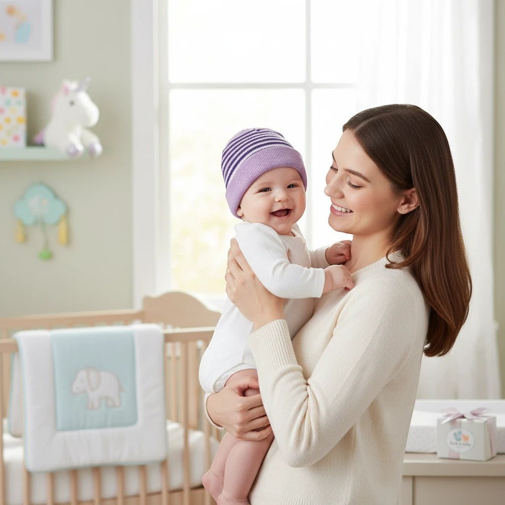 Stork And Baby purple striped knit infants winter hat on a smiling baby held by a mother.
