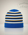 Stork And Baby blue, black, white, and tan striped knit infants winter hat with a solid blue cuff.