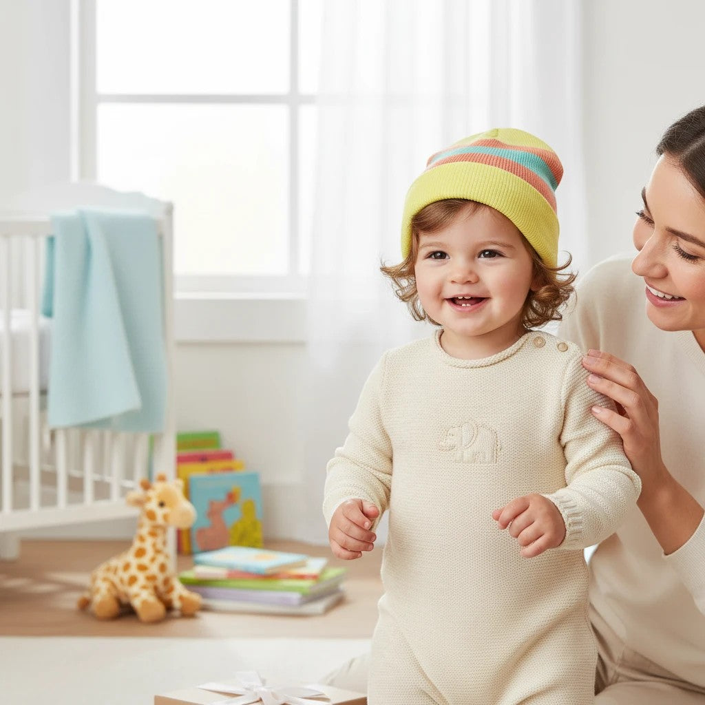Stork And Baby yellow striped knit infants winter hat on a smiling baby wearing a cream romper.