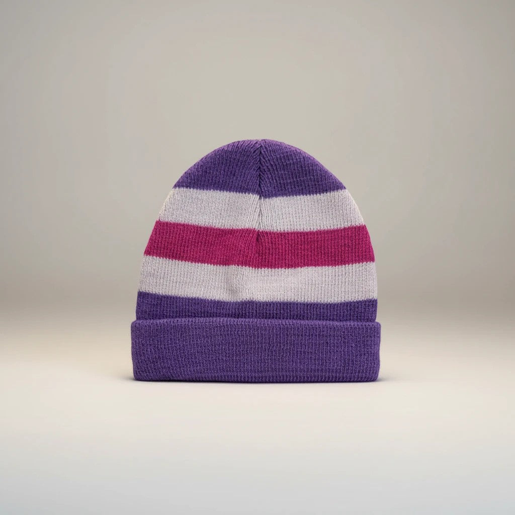 Stork And Baby purple, pink, and white striped knit infants winter hat with cuffed brim.