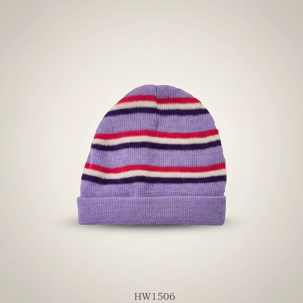 Stork And Baby infants winter hat with purple, pink, and white stripes. Soft knit material.