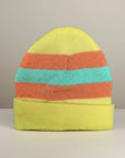 Stork And Baby yellow knit infants winter hat with coral and teal stripes