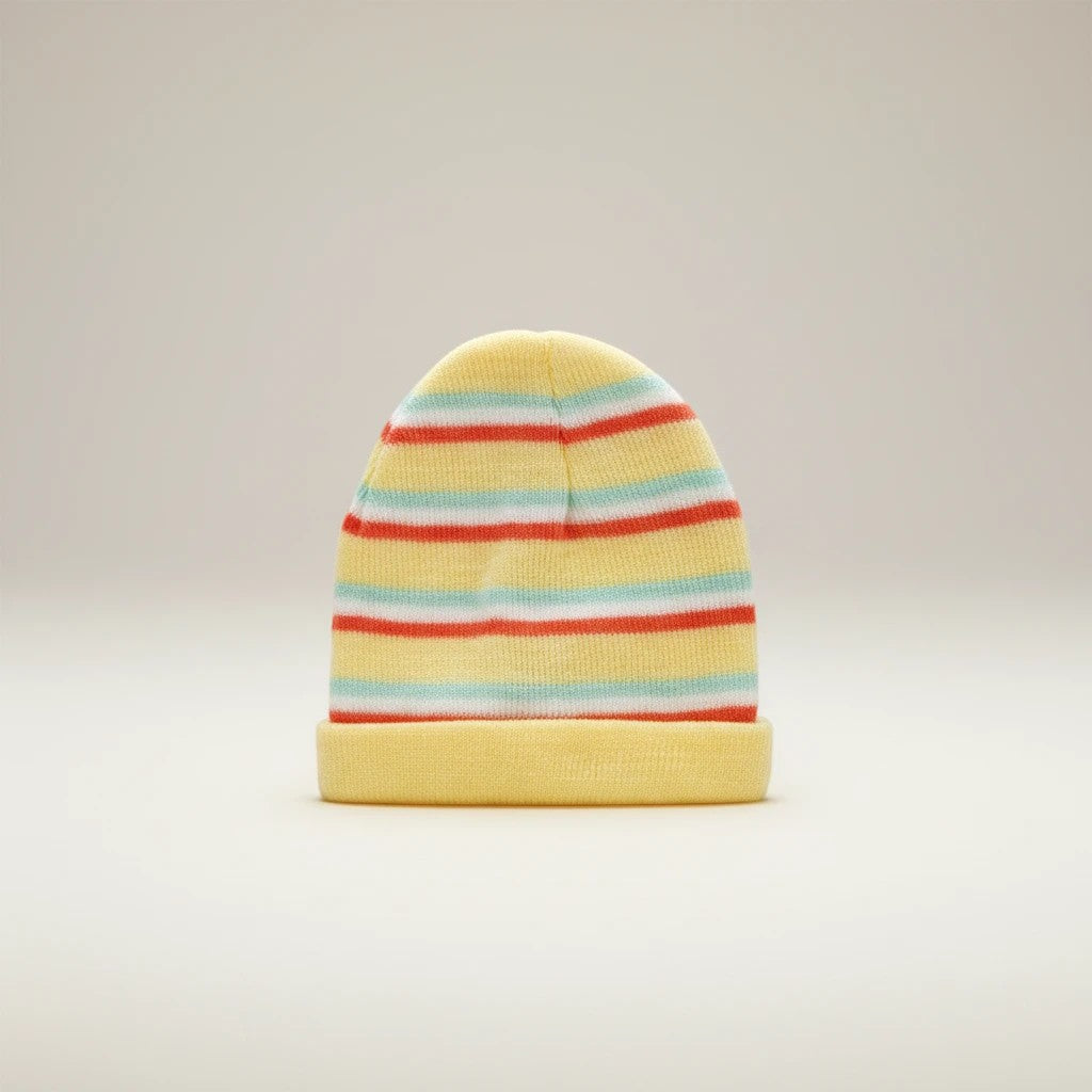 Stork And Baby yellow striped knit infants winter hat with red and light blue stripes