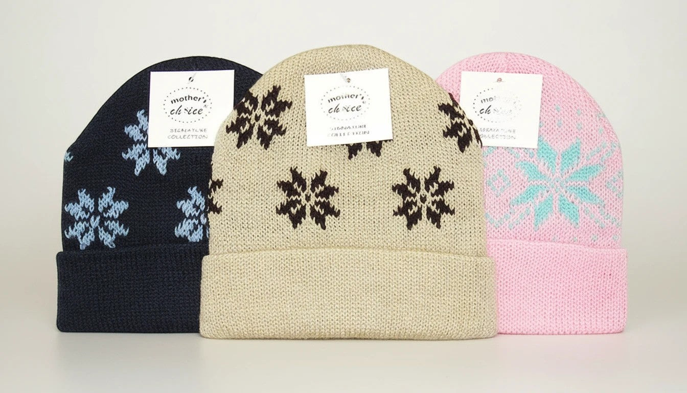 Stork And Baby Mothers Choice Jacquard Winter Hat in navy, beige, and pink with snowflake patterns.