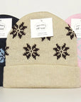 Stork And Baby Mothers Choice Jacquard Winter Hat in navy, beige, and pink with snowflake patterns.