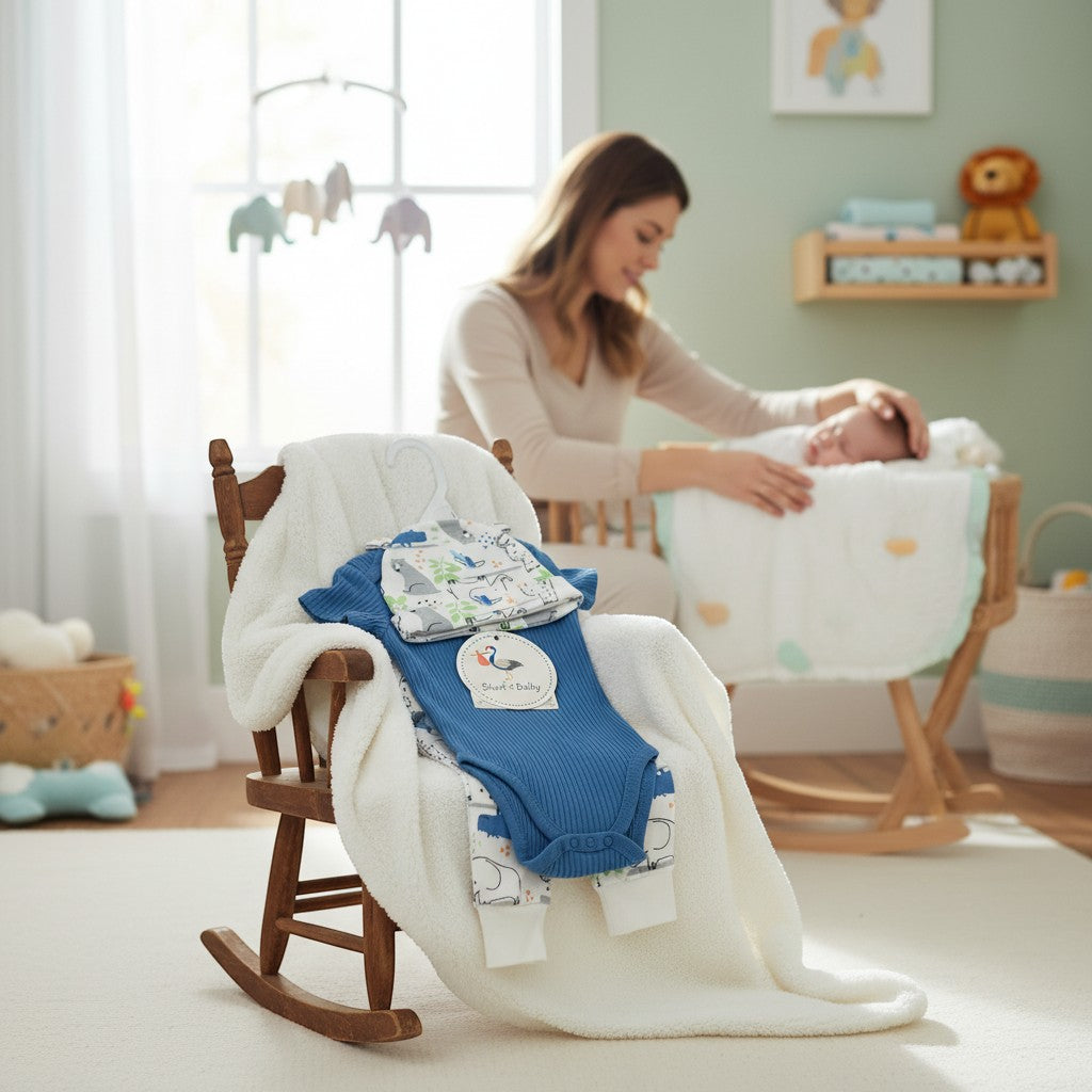 Stork And Baby blue ribbed 3-piece baby set with jungle animal print. Includes bodysuit, pants, and hat.