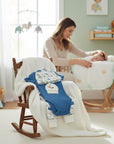 Stork And Baby blue ribbed 3-piece baby set with jungle animal print. Includes bodysuit, pants, and hat.