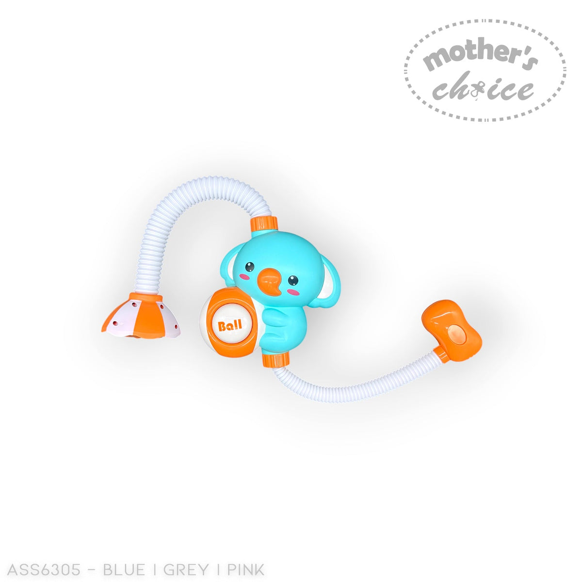 Stork And Baby koala-shaped baby bath shower toy in blue and orange with a flexible hose and suction cup attachment.