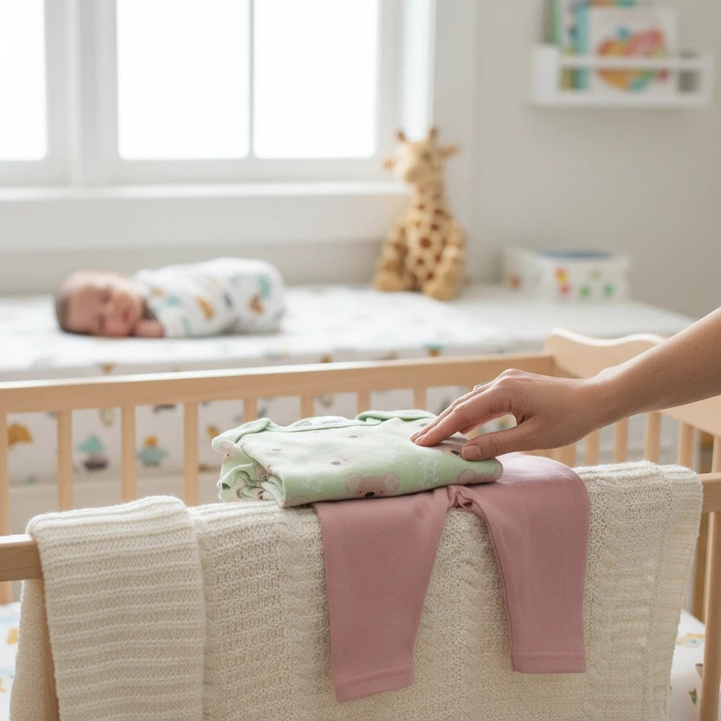 Stork And Baby 8 piece Koala gift set with mint green bodysuit and pink leggings, includes blanket, bib, cap, washcloths.