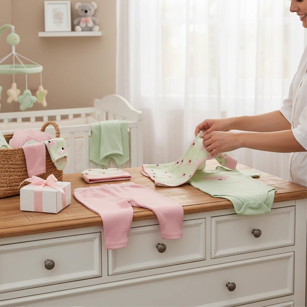 Stork And Baby 8 piece Koala themed newborn gift set with pink pants, green bodysuit, bib, cap, blanket, and washcloths.
