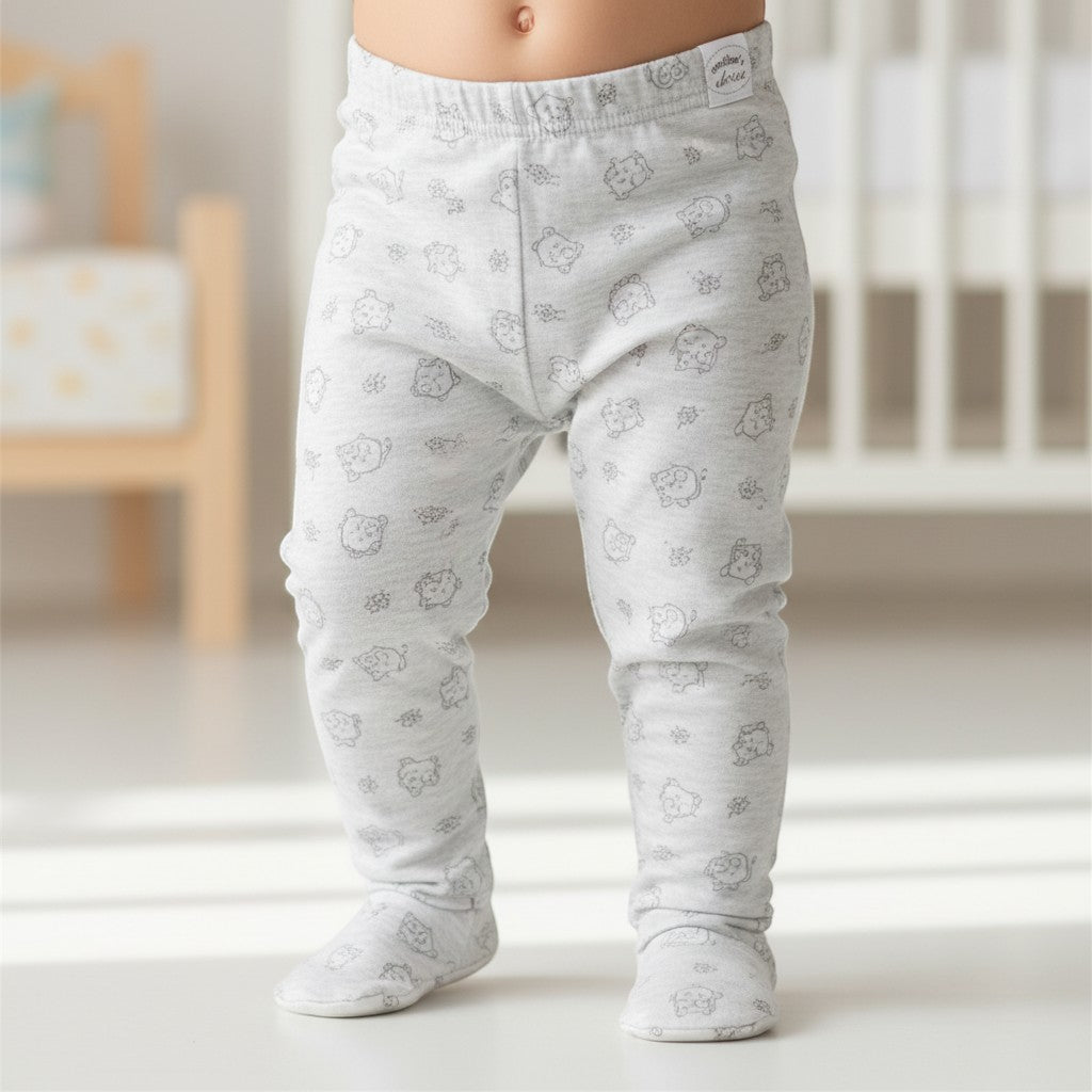 Stork And Baby light grey baby leggings with closed feet and a cute all-over animal print pattern.