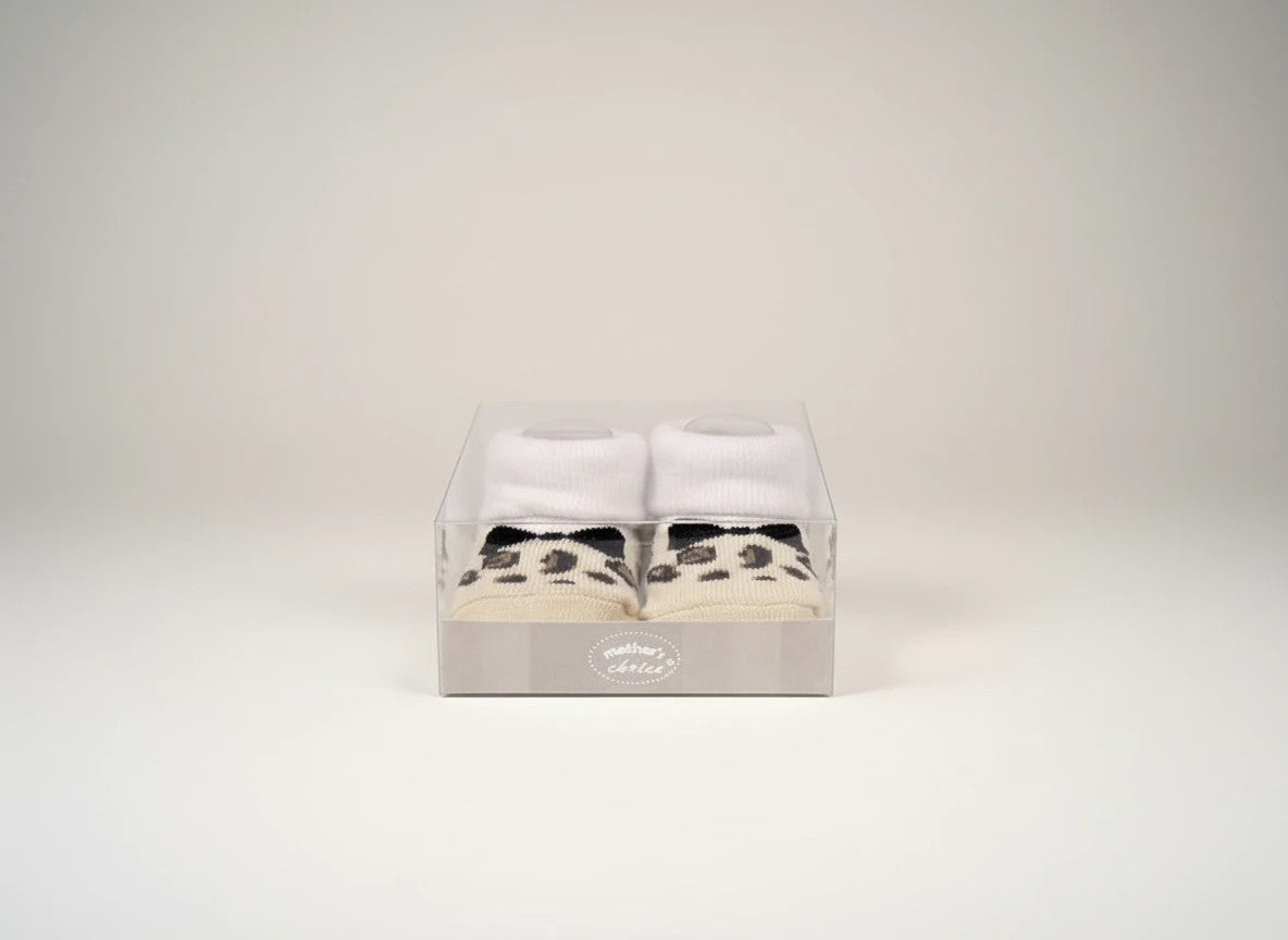 Stork And Baby infant girls leopard print socks, white cuffs, beige and black print, cotton blend, gift box.