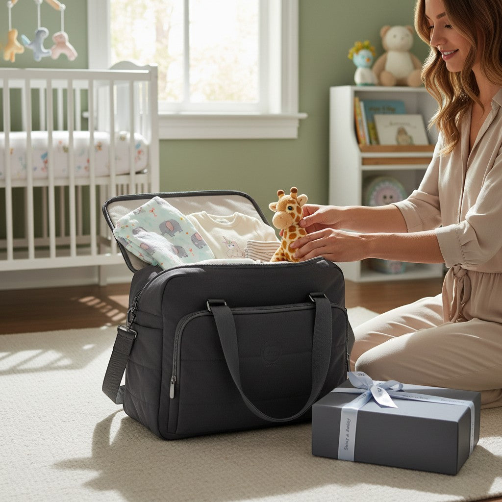 Stork And Baby dark grey medium diaper bag with organized baby essentials inside, including clothes and a giraffe toy.