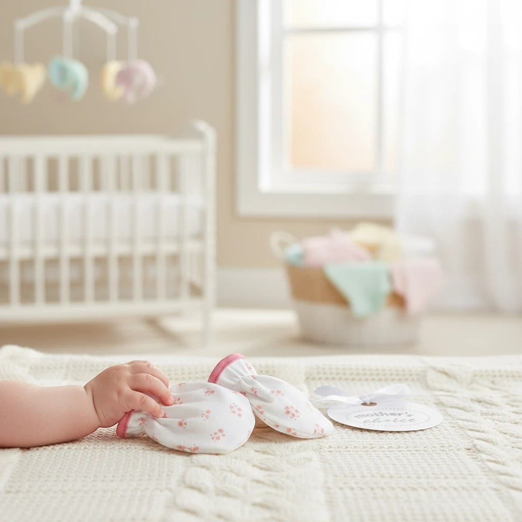 Stork And Baby white newborn mittens with pink trim and daisy print, soft mink-inspired fabric.