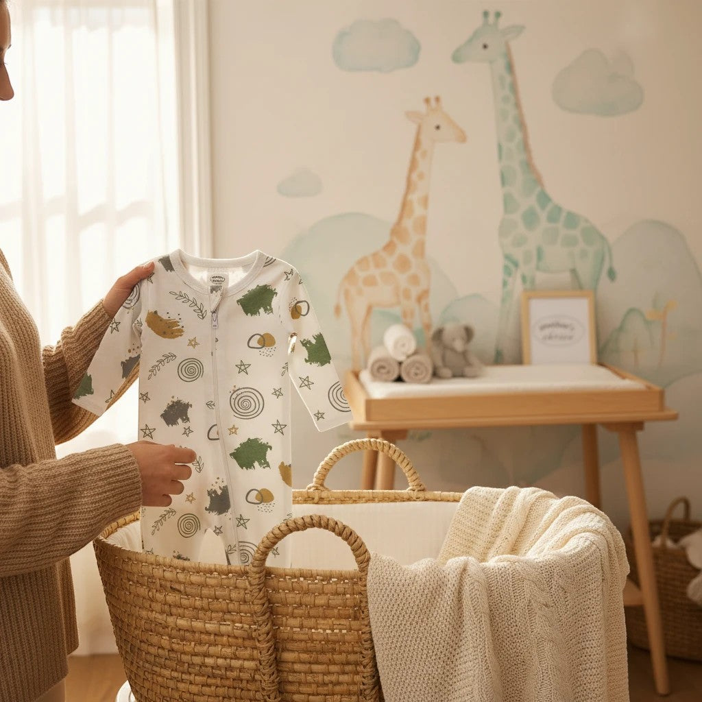 Stork And Baby white cotton babygrow with mint art print, featuring giraffes and stars. Easy zip design.