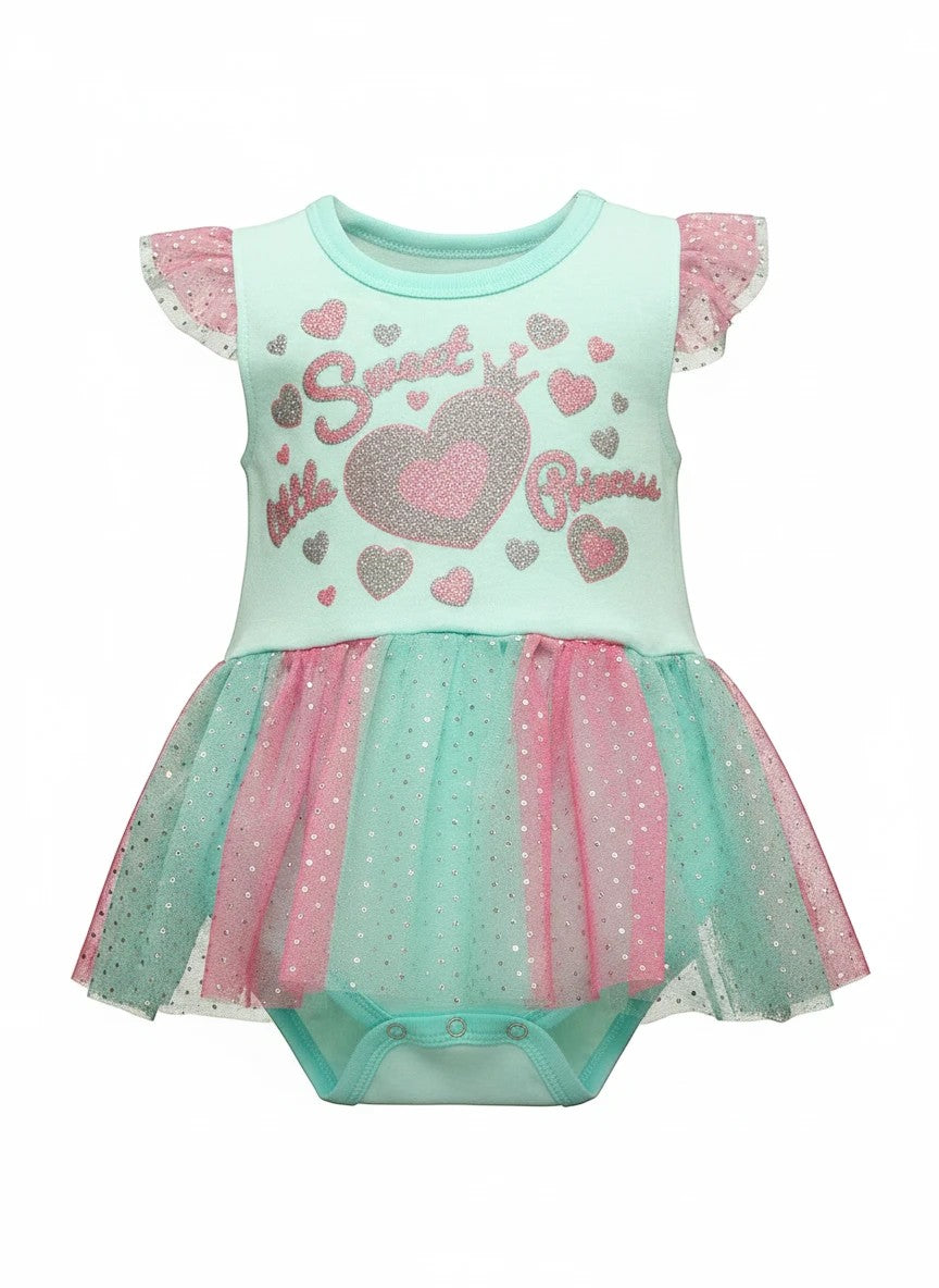 Stork And Baby mint green cotton bodysuit with pink and mint tulle skirt, featuring 'Sweet Little Girl' glitter graphic.