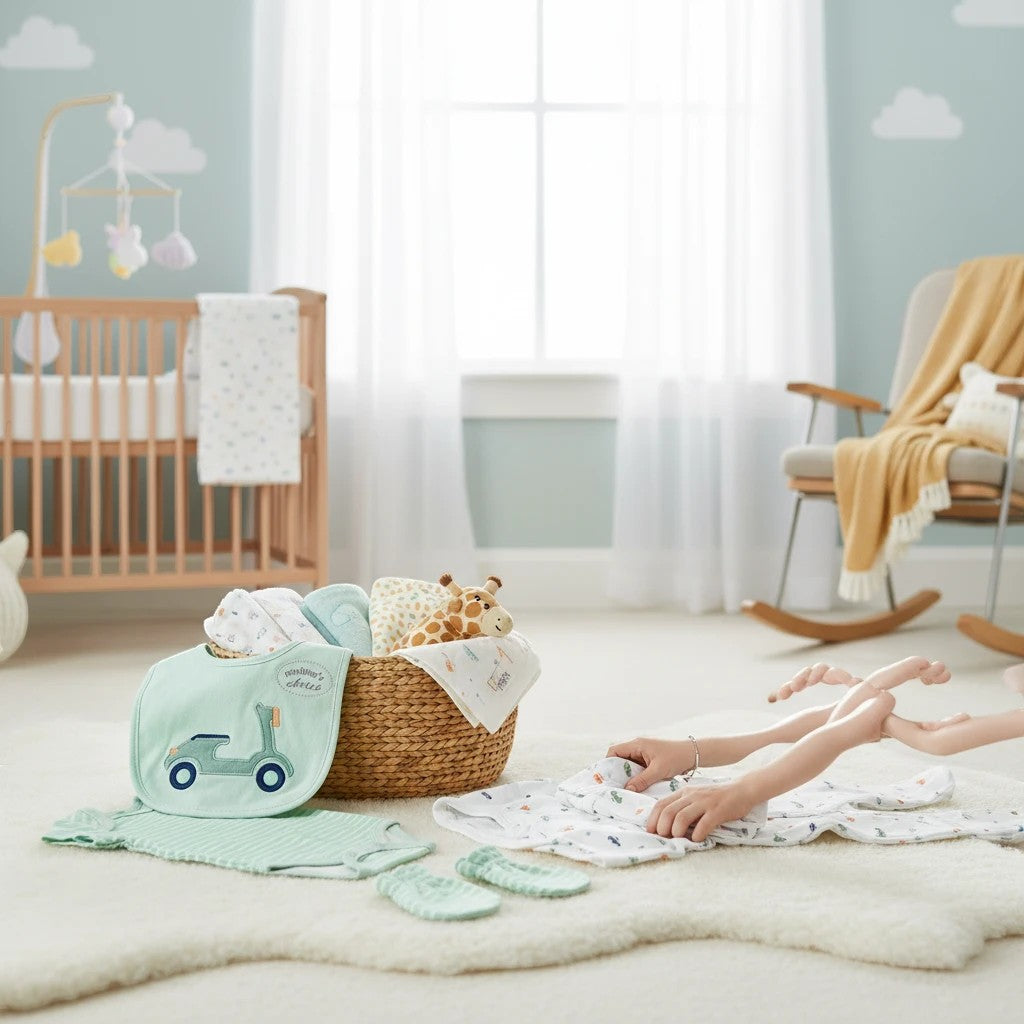 Stork And Baby 5 piece starter pack with mint scooter design, 100% cotton interlock, includes bib, onesie, and socks.