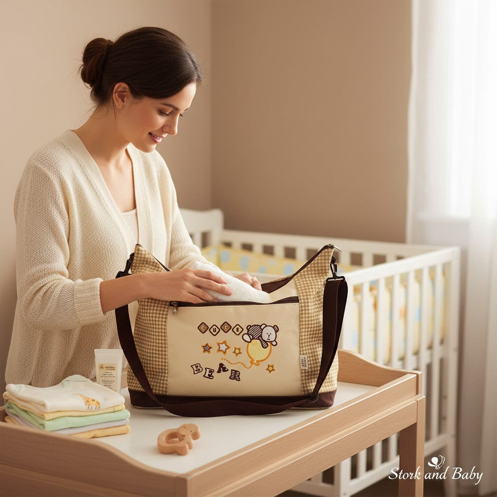 Stork and Baby Moon Diaper Bag in beige with brown trim, featuring a cute bear embroidery and organized compartments.