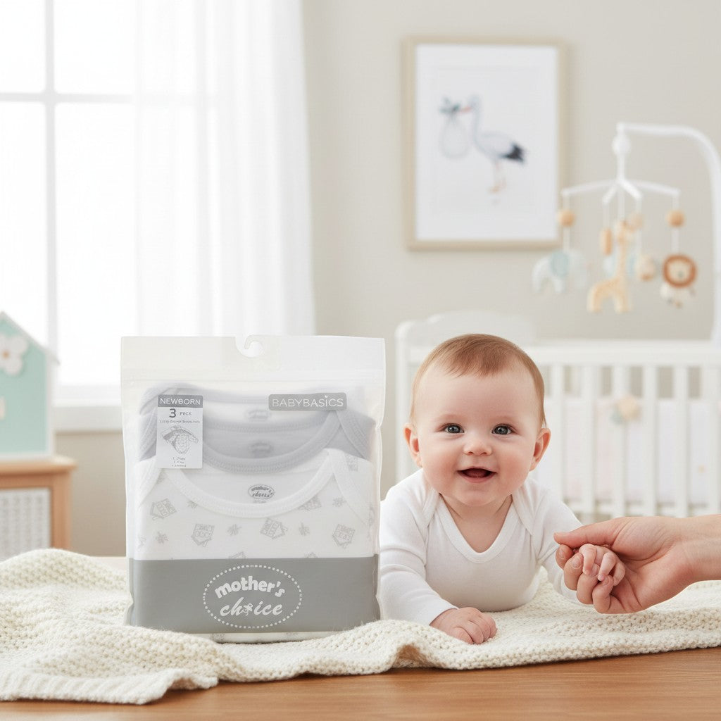 Stork And Baby Mother's Choice 3 pack newborn long sleeve bodysuits in white and grey with subtle patterns.