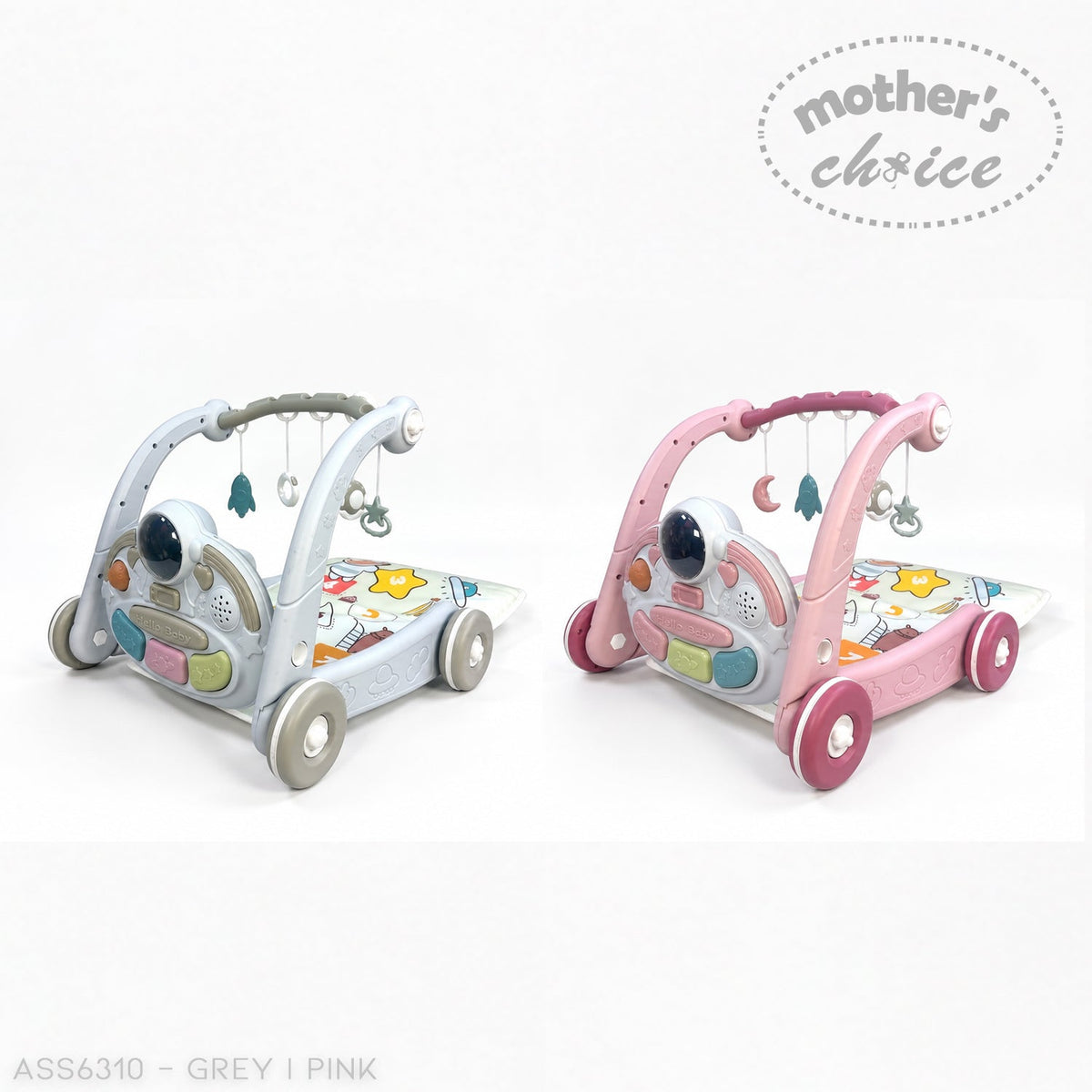 Stork And Baby 2-in-1 grey and pink baby playmat and walker with interactive activity panel and hanging toys.