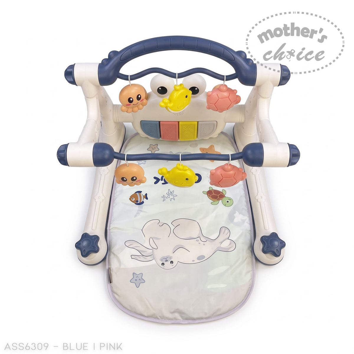 Mother's Choice 2-in-1 blue baby playmat and interactive walker with hanging sea creature toys and activity piano.